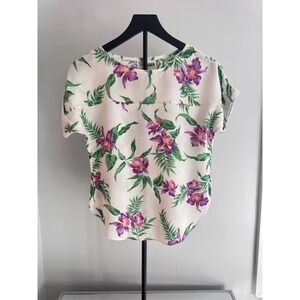 Malama Sophisticates Hawaii XS Floral Orchid Top White Green Purple‎ Aloha Shirt